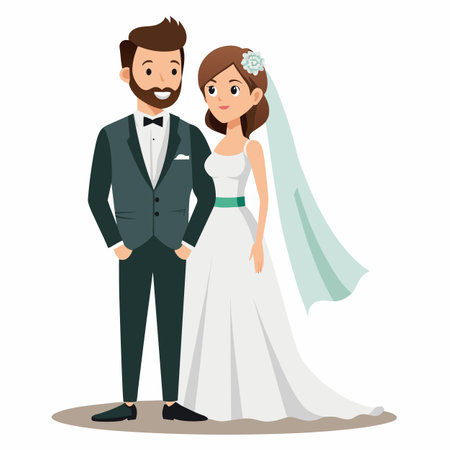 A bride and groom stand together on their wedding dayのイラスト素材
