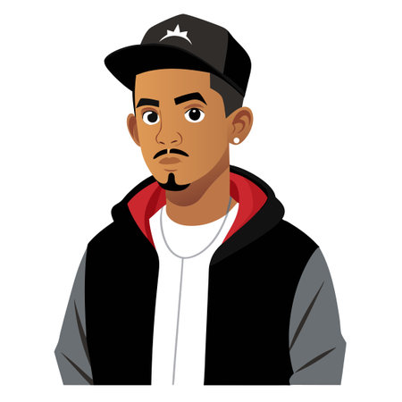 Cartoon man in hat and hoodie, displaying costume and fashion accessoryのイラスト素材