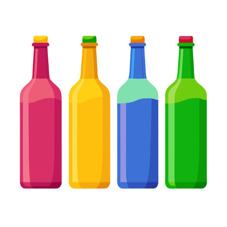 Four color bottles of alcohol in a row on white backgroundのイラスト素材