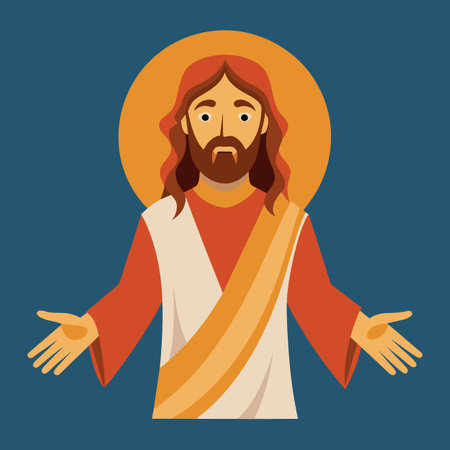 Cartoon shows Jesus with outstretched arms, in a tshirt, beardのイラスト素材