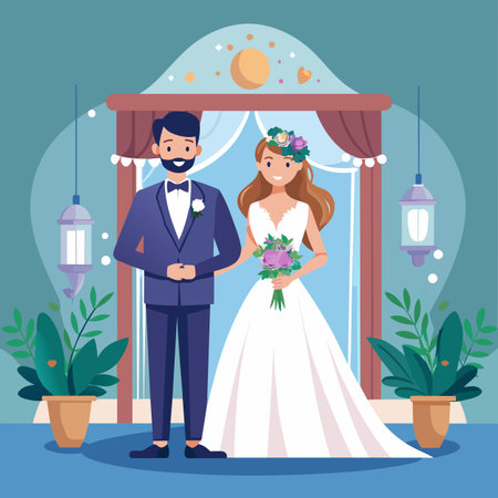 The bride and groom are standing next to each other on their wedding dayのイラスト素材