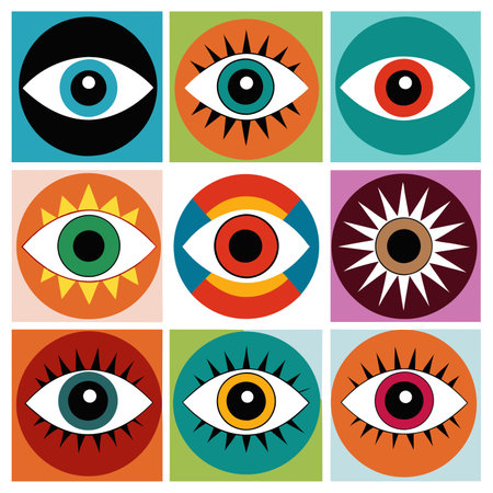 A group of vibrant eyes arranged in circles against a white backdropのイラスト素材