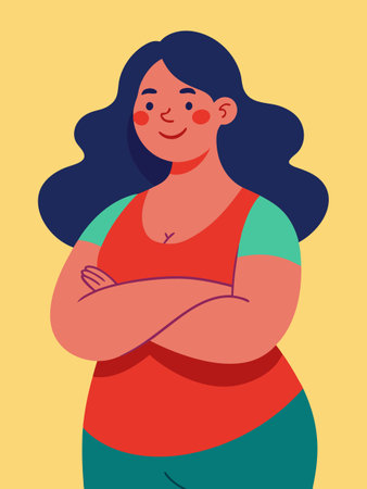 The cartoon depicts a woman standing with her arms foldedのイラスト素材