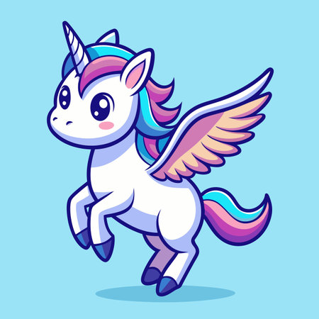 A magical unicorn with wings is joyfully soaring through the skyのイラスト素材