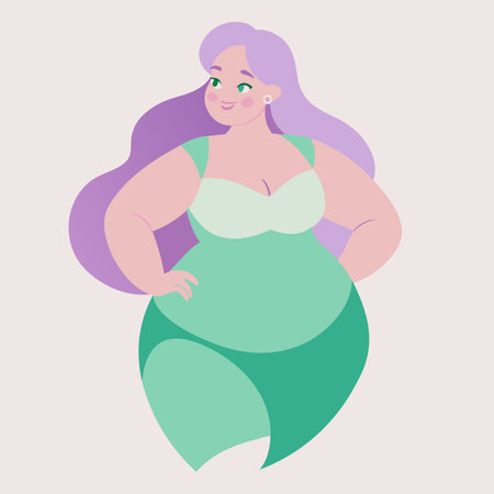 A woman with purple hair and a green dress poses confidentlyのイラスト素材