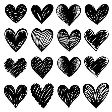 Black and white hand drawn hearts on white backgroundのイラスト素材