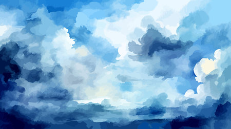 Painting depicts blue sky with fluffy clouds, showing natures beautyのイラスト素材