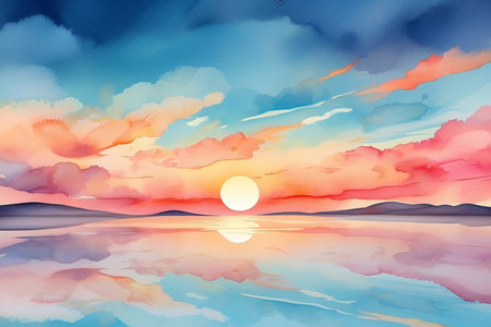 Beautiful sunset at serene lake with colorful cloud reflections, creating peaceful atmosphereのイラスト素材