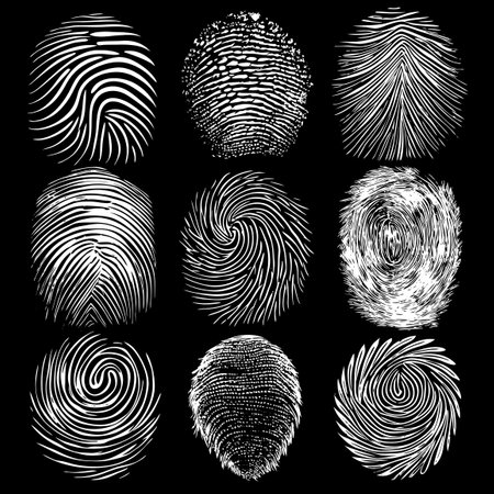 A set of textured fingerprint patterns displayed on a black backgroundのイラスト素材