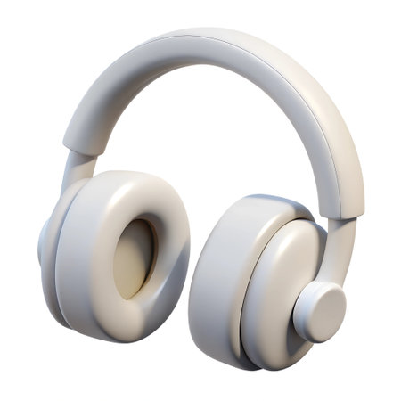 A pair of white headphones displayed against a white backgroundの写真素材