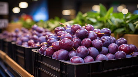 Purple plums in plastic boxes on the counter of a supermarketの素材