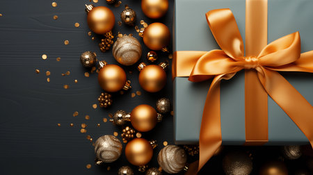 Black gift box with golden bow and christmas balls on black background. 3d illustrationの素材