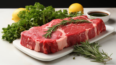 Raw beef steak with herbs and spices on white plate, closeupの素材