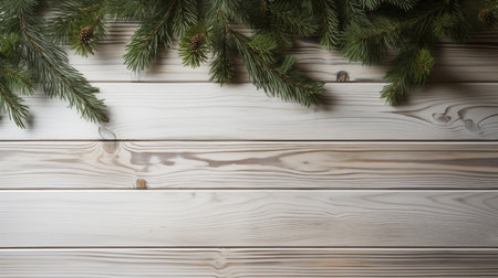 Christmas background with fir branches and pine cones on white wooden planksの素材