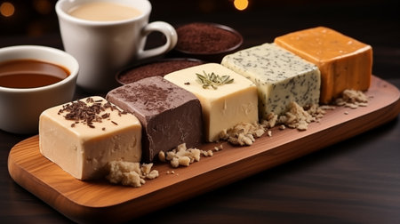 Different types of chocolate bars on a wooden board with coffee in the backgroundの素材