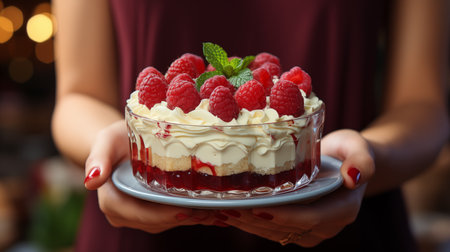 girl holding a cake cheesecake on a round plateの素材