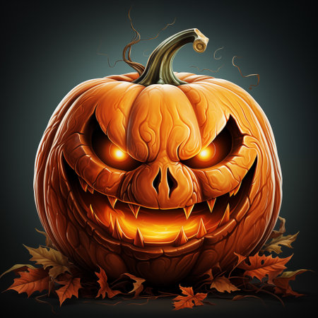 Scary Halloween Pumpkin looking through the smoke. Glowing, smoking monster pumpkin from depths of hellの素材