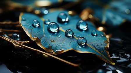 raindrops on fresh turquoise leaf. Macro shot of water droplets on leaves. Waterdrop on leaf after a rain.の素材
