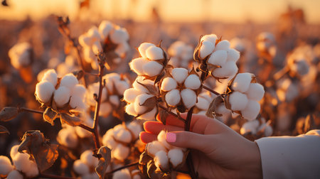 natural product, raw cotton flowers on woman's hands on green yard outdoor backgroundの素材