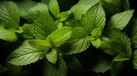 Fresh green leaves of mint, lemon balm, peppermint top view. Mint leaf texture. Ecology natural layout. Mint leaves pattern spearmint herbs nature backgroundの素材