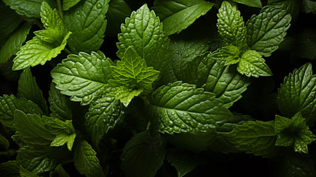 Fresh green leaves of mint, lemon balm, peppermint top view. Mint leaf texture. Ecology natural layout. Mint leaves pattern spearmint herbs nature backgroundの素材