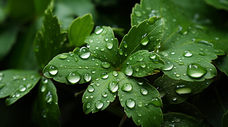 raindrops on fresh green leaf. Macro shot of water droplets on green leaves. Waterdrop on leaf after a rain.の素材