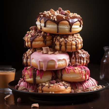 Donuts pyramide. Tower of doughnuts. Colorful donuts.の素材