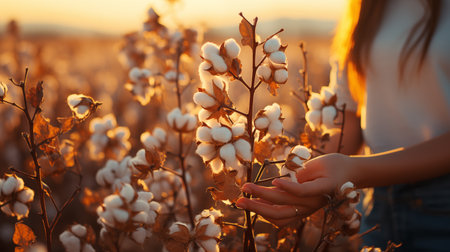 natural product, raw cotton flowers on woman's hands on green yard outdoor backgroundの素材