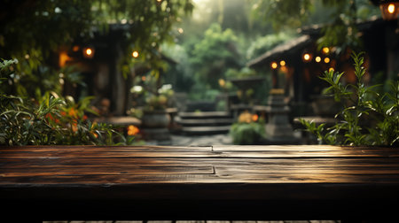 wooden desk in garden and free space for your decoration with spring trees and leavesの素材
