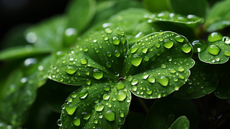 raindrops on fresh green leaf. Macro shot of water droplets on green leaves. Waterdrop on leaf after a rain.の素材
