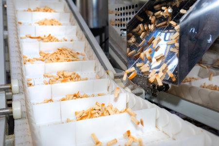 Croutons on the conveyor. Automated line for the production of rusks from bread. Conveyor line machine. Preparation of Russian national snack.の写真素材