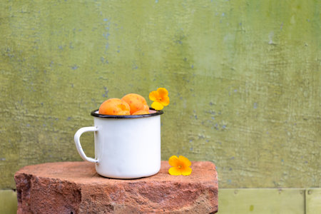 A metal mug with apricots on red bricks against a green wall. Harvest in the village. Selective focusの写真素材
