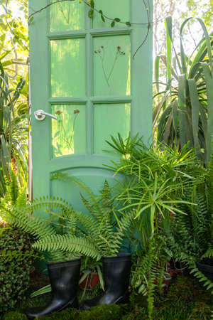 Gardener's corner in the greenhouse. Using outdated things in a new quality. Landscape designの写真素材