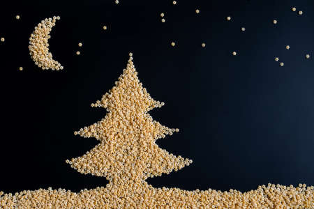 A Christmas card made of raw egg pasta in the shape of stars: a Christmas tree, starry sky and the moon on a black background. The concept of children's creativity. Copy spaceの写真素材