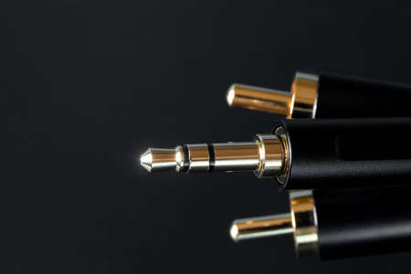 The gold-plated RCA connectors and TRS connector for sound transmission, audio cable for excellent sound quality. Close-up.の写真素材