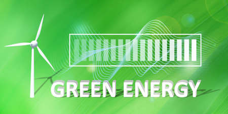 A wind turbine with digital wind visualization and the inscription green energy on a natural green...