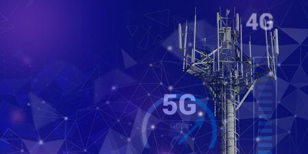 Telecommunications tower with 4G, 5G transmitters, cellular base station with transmitter antennas on abstract cyberspace background with icons. 5G network wireless systems concept. copy spaceの写真素材