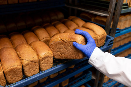 Industrial bakery with fresh bread on racks. A loaf of fresh bread in the hands of a baker. A loaf...