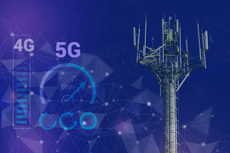 Telecommunications tower with 4G, 5G transmitters, cellular base station with transmitter antennas...