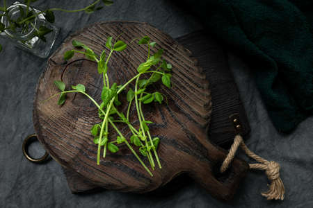 Bunch of cut micro-greenery on old wooden boards and a bottle of spices for culinary theme design. Diagonal arrangement. Copy spaceの写真素材