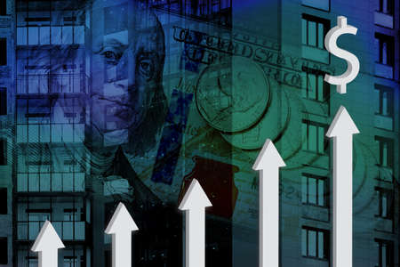 3d up arrows on the background of a building under construction and US banknotes. The concept of increasing housing costs, uncertainty in business, financial transactions during the global crisisの写真素材