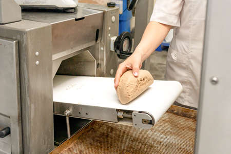 Molded dough on a conveyor belt. The operator's hand takes the dough from the conveyor belt. One of...