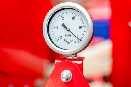 Pressure gauge. Part of the hydraulic system of an agricultural machine. Close-upの写真素材