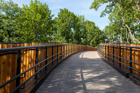 Footbridge Over Footpath Amidst Trees. Pedestrian bridge with fencing, railings in a multi-level...