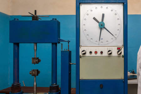Laboratory, tensile testing machine for steel at metallurgical plant. Machine for testing metals for...