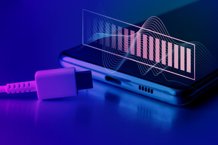 OTG. USB Type-C cable and smartphone. Graphical indication of battery level, sound volume, signal...