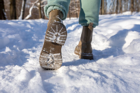 Feet in winter boots walking on crisp, fresh snow. Walking on snow with winter boots. Warm clothes. Close-up.の写真素材