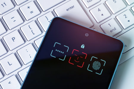 A locked smart phone on a computer keyboard. Hacking attempt, hacker attack. IT Security Systems,...