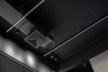 Supply and exhaust ventilation pipe on the ceiling of a retail space or warehouse or other commercial real estate object. Ceiling, lighting and communications in black. Copy Spaceの写真素材