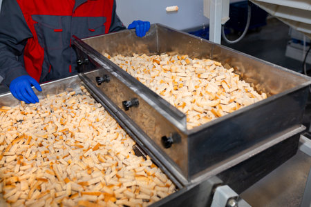 Croutons on the conveyor. Automated line for the production of rusks from bread. Conveyor line machine. Sliced bread in metal containers on a conveyor belt.の写真素材
